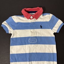 Vintage Ralph Lauren Baby Boy 12M Blue White Stripe Polo Romper Shortall