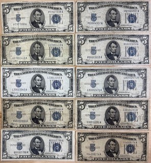 Lot of 10x 1934 $5 Five Dollar SILVER CERTIFICATE Notes SCARCE YEAR