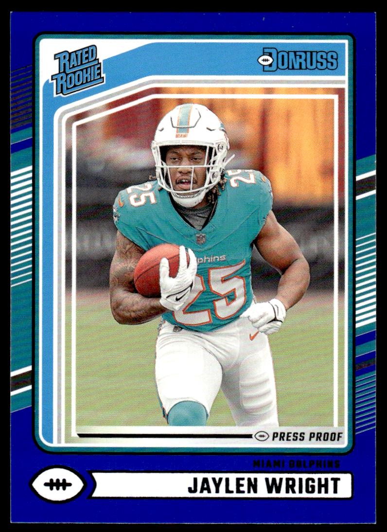 Jaylen Wright 2024 Donruss #344 Press Proof Blue RC Miami Dolphins Football Card