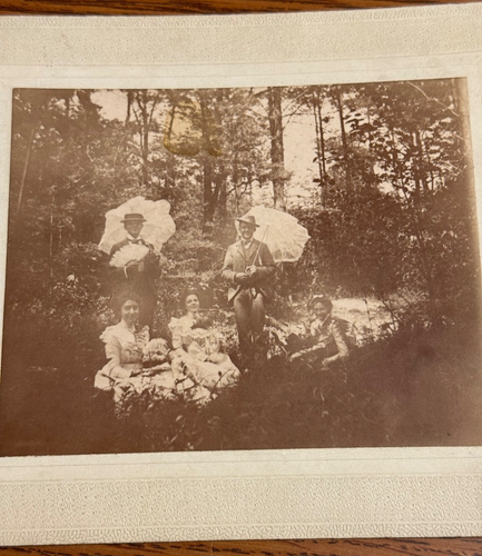 Cabinet Card Antique Photo Unusual Outdoor Women & Men w Feminine Parasols & Fan - Picture 4 of 8