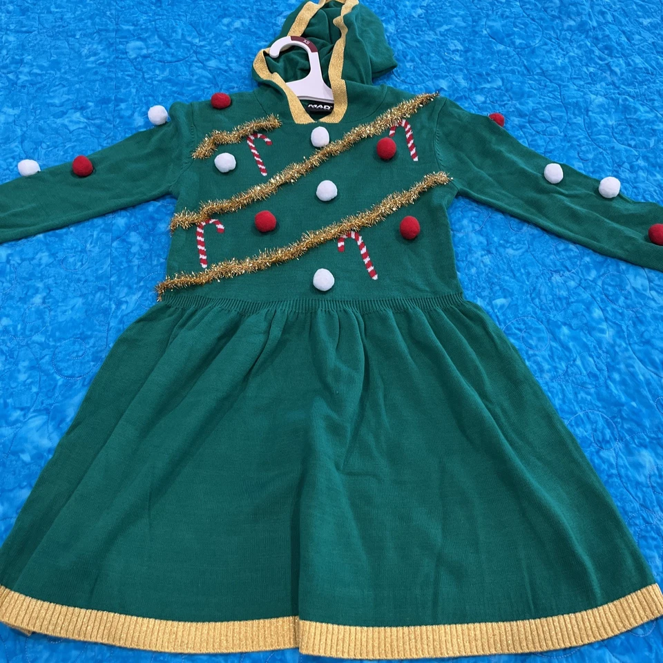Vestido midi con capucha árbol de Navidad oropel Mad Engine para jóvenes niñas nuevo con etiquetas talla XS Foto 2 de 4