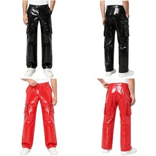 Men PU Leather Rock Pants Casual Cargo Stage Trousers Punk Glossy Party Gothic