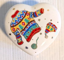 Studio Nova Christmas Sweater 5" Porcelain Trinket Box Heart Shaped with Lid