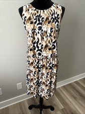 Leopard Print Summer Dress Size L Sleeveless Swing Silky Elastic Waist Comfort