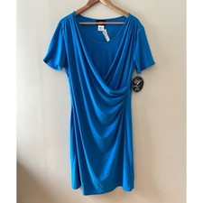 Blue Stretch Sz XL Pullover Midi Wrap Dress Open V Neck Short Sleeve
