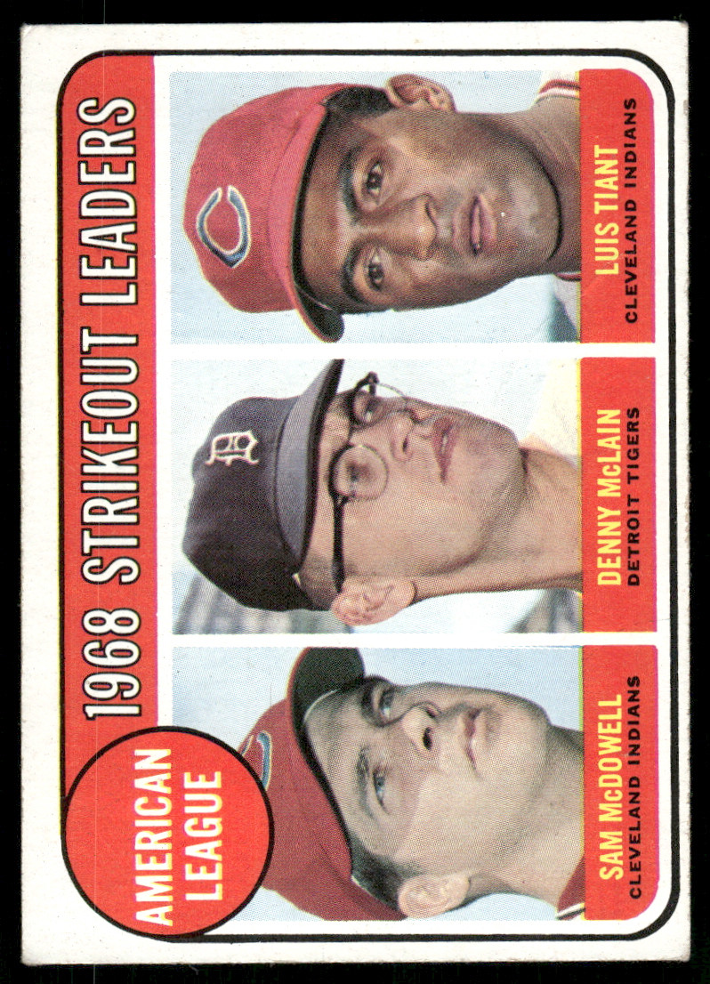 1969 Topps #11 AL 1968 Strikeout Leaders Sam McDowell Denny McLain Luis Tiant