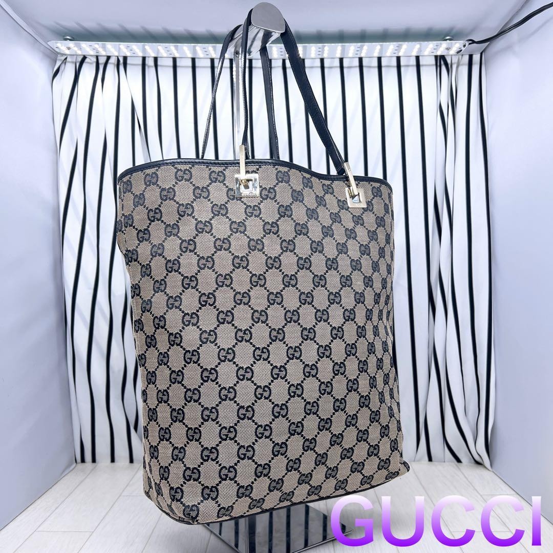 GUCCI GG Pattern Leather Tote Bag A4 Storage Gold Hardware Authentic