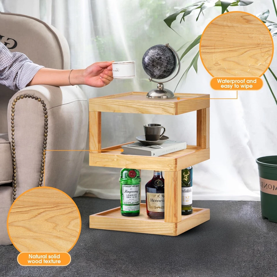 Mesa auxiliar minimalista moderna, mesa auxiliar de 3 niveles con estantes de almacenamiento, madera maciza... Foto 4 de 4