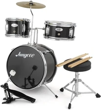 3-Piece Beginner Drum Set with Cymbal & Seat - Complete Kit, Metallic Black