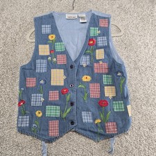 Vtg Quilted Denim Blue Floral Granny Core Patchwork Vest Sz L 90s Embroidered   