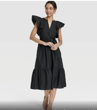 Women's Flutter Short Sleeve Poplin Tiered Midi Dress -A New Day Black 1X NWT