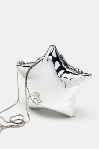 New Star Shaped Minaudiere Mini Chain Shoulder Bag Silver Metallic Casual Bag - Picture 9 of 14