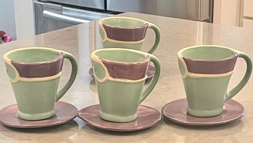 Rare Julie Sanders Cyclamen 4 Sets Lav/Green Spiral Coffee Mugs and Saucers