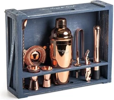 Bartender Kit 11 Pc Bar Tool Set w/ Rustic Wood Stand Copper Cocktail Shaker Kit
