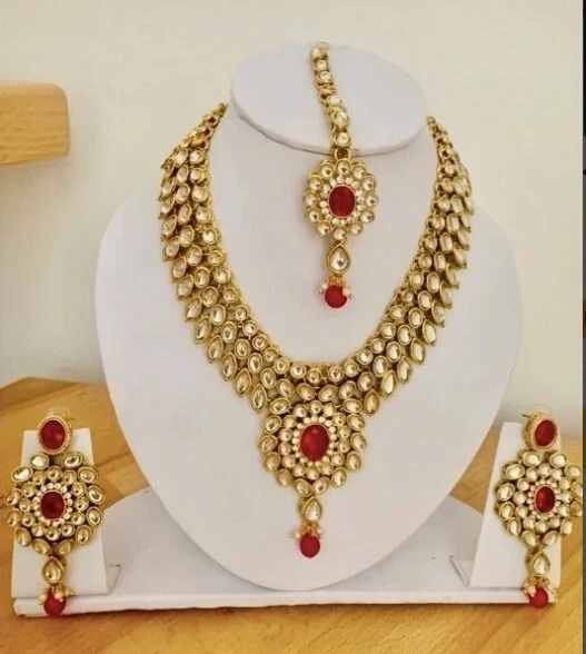 Indischer Braut Schmuck Halskette Ohrringe Hand Stirnschmuck Indische Kleid Sari