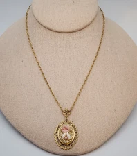 Vtg 1928 Necklace Pink Rose Victorian Revival Filigree Faux Pearl Gold Tone 16"