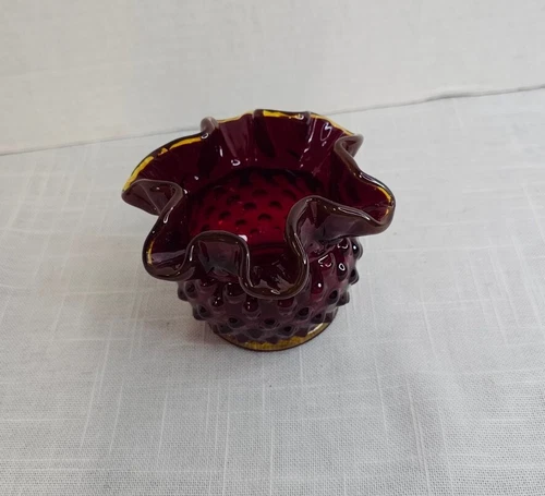 Vintage Fenton Ruby Red Hobnail Double Crimped Edge w Amberina Base Vase