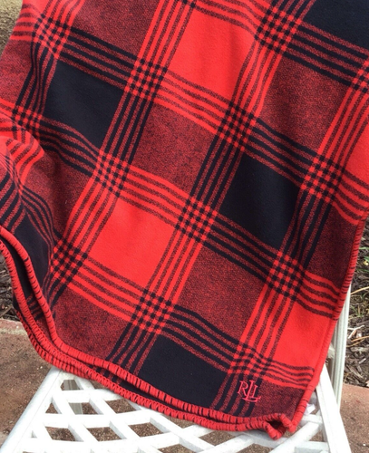 RALPH LAUREN Red Black Tartan Plaid Throw Blanket 54” x 69” Christmas Cotton - Picture 5 of 9