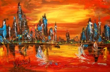 SUNNY CITYSCAPE   BY    KAZAV  ORIGINAL OIL  PAINTING -ABSTRACT POP ART 789ET