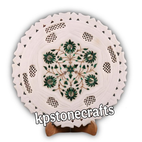 Handmade 12.5" Marble Inlay Plate with Wooden Stand – A True Masterpiece of Art - Picture 1 of 5