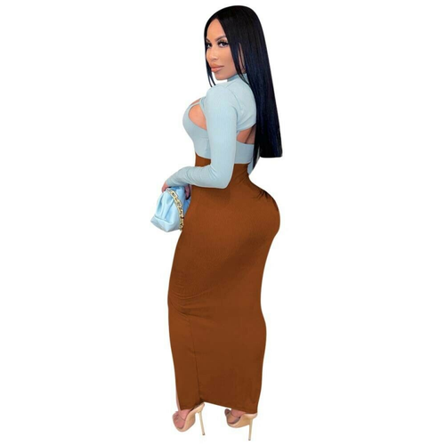 Sexy Stripe Strapless Cutout Waist Split Bodycon Rib Knit Maxi Sweater Dress