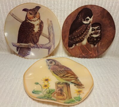 Owl Wall Plaques Birds Owls Hangings Resin Vintage Set Plastic Melamine Resin 3