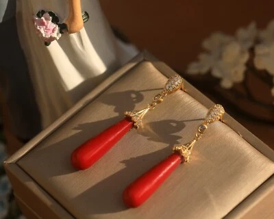 Boucles d'oreilles Clous Perle Nacre Goutte Rouge Vintage Style DZ2 - Photo 1/4