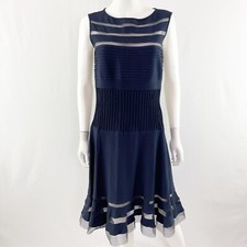 Tadashi Shoji Navy Blue Illusion Pintuck Jersey Mesh Dress Womens M