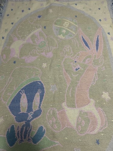 Vintage Baby Looney Tunes Blanket Bugs Bunny Sylvester Tweety Bird Blue 1990s - Picture 5 of 6