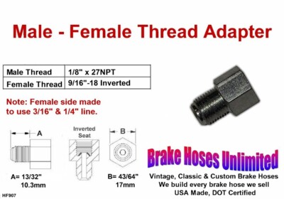Thread Adapter, Male 1/8'' x 27NPT, Female 9/16''-18 Inverted, 3/16'' 1/4'' line