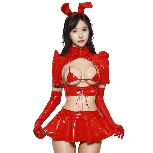 Women's Wet Look Patent Leather Lingerie Set Sexy Lace Up Bra Top Skirt Clubwear - Picture 12 of 34