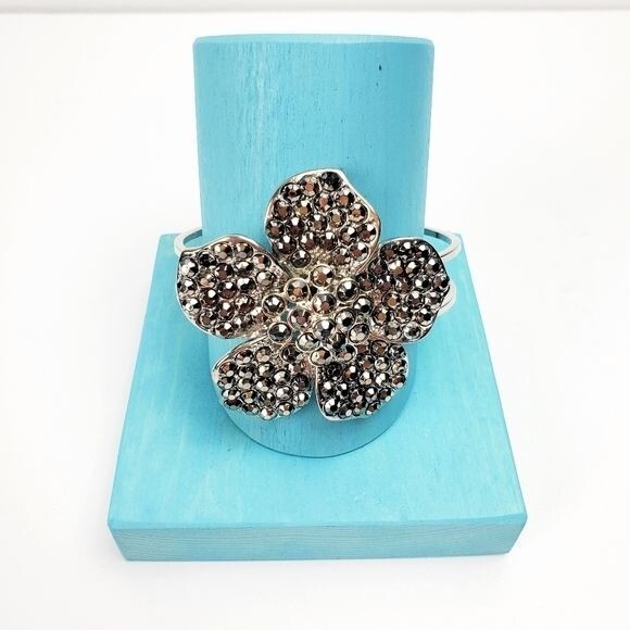 Flower Statement Clasp Cuff Rhinestone Embellished - image 1