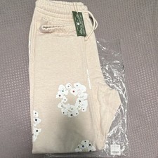 DENIM TEARS Beige Floral Fleece Sweatpants Mens L Drawstring Pockets