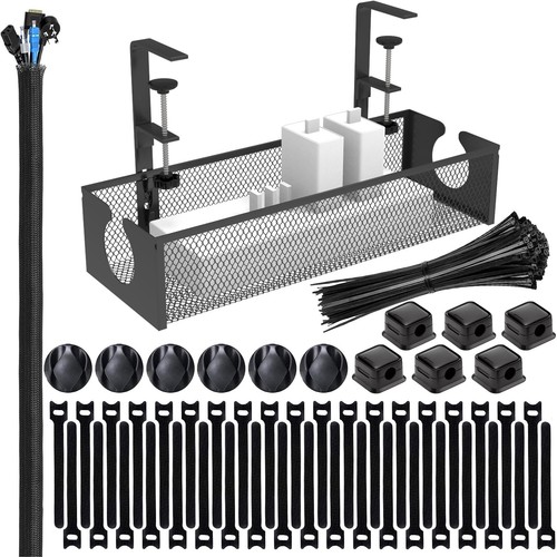 Under Desk Cable Management Tray, No Drill Steel Cord Organizer Kit with 189P...
