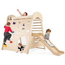 8-in-1 Indoor Jungle Gym Wooden Playground with Climbing Wall, Net, Ladder