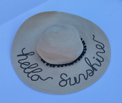 Hello Sunshine Sequin Wide Brim Straw Floppy Sun Hat Beige Black Pom Pom