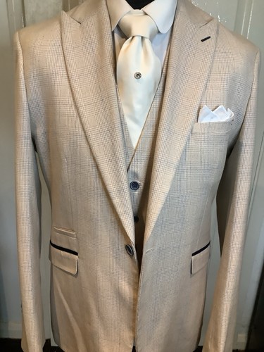 Mens Three Piece Suit Light Beige Check Tweed by Cavani 44R Slim Peaky Blinder - Picture 2 of 21
