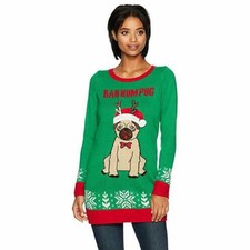 Blizzard Bay Womens Ugly Sweater Bah Hum Pug, Cloverfield, Size Large