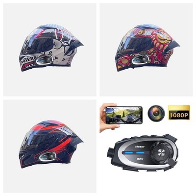 Full Face Motorcycle Helmet Bluetooth Intercom Headset Built-in Camera Recorder