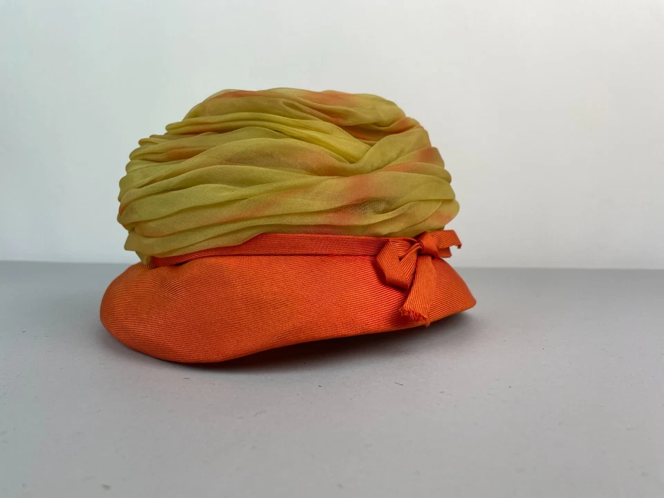 Vintage 1960s Boutique Orange Yellow Chiffon Turban hat 6 5/8 - Image 2 of 4