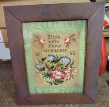 Antique 1855 Folk Art Hand Stitched Pa. German Celebration Of Birth Walnut Frame