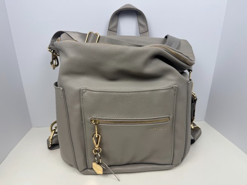 FAWN DESIGN Diaper Bag Backpack Gray Faux Leather Large Baby Bag + Wristlet