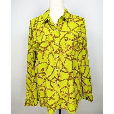 Michael Kors Lime Green Chain Print Button Up Blouse Long Sleeve Logo Top