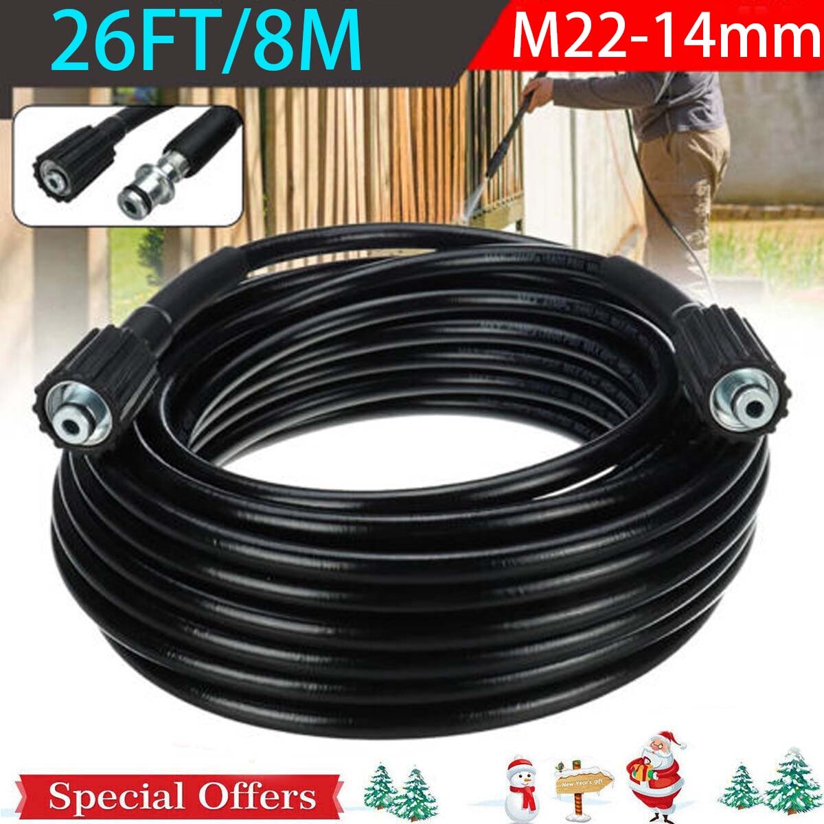 26 Foot 1/4" High Pressure Washer Hose - 5800 PSI Max, M22 14mm Quick Connect Ends