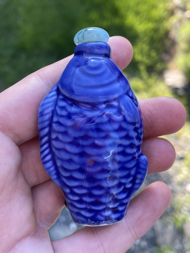 FINE Antique Vintage 1930s Chinese Porcelain Figural Snuff Bottle Blue Koi Fish - Picture 17 of 20