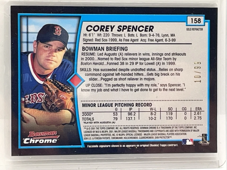 2001 Bowman Chrome *Gold Refractor /99 (RC) Corey Spencer #158 Red Sox  - Image 2 of 3