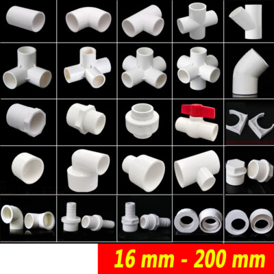 White PVC Pipe Adhesive Fittings Sleeves Reducer Bend Elbow Tee Ball Valve Caps