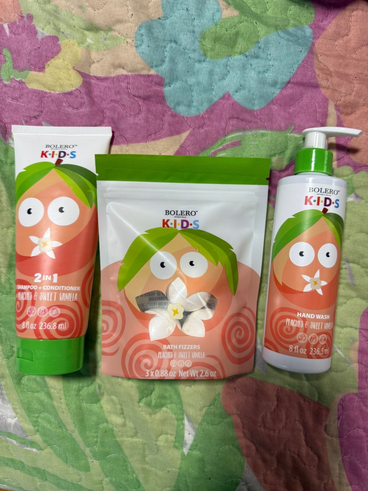 Bolero Kids 3pc Bath Set with Peaches & Vanilla Scents – Fizzers, Wash, Soap Gift