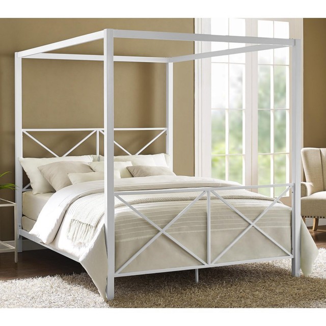 Four Poster Bed Frame Canopy Queen Size Modern Platform Bedroom Furniture White