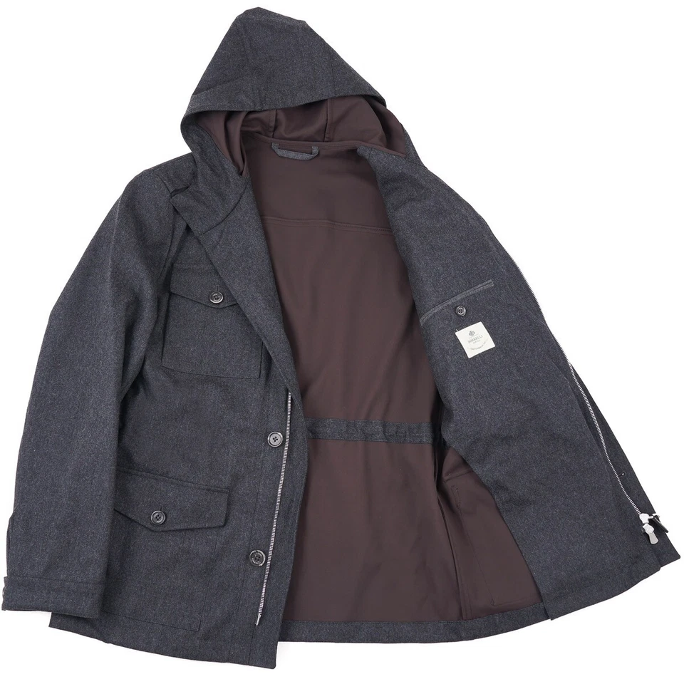 Chaqueta de Campo Luigi Borrelli Gris Carbón Franela Lana con Capucha M (UE 50) NUEVA CON ETIQUETAS Foto 2 de 4